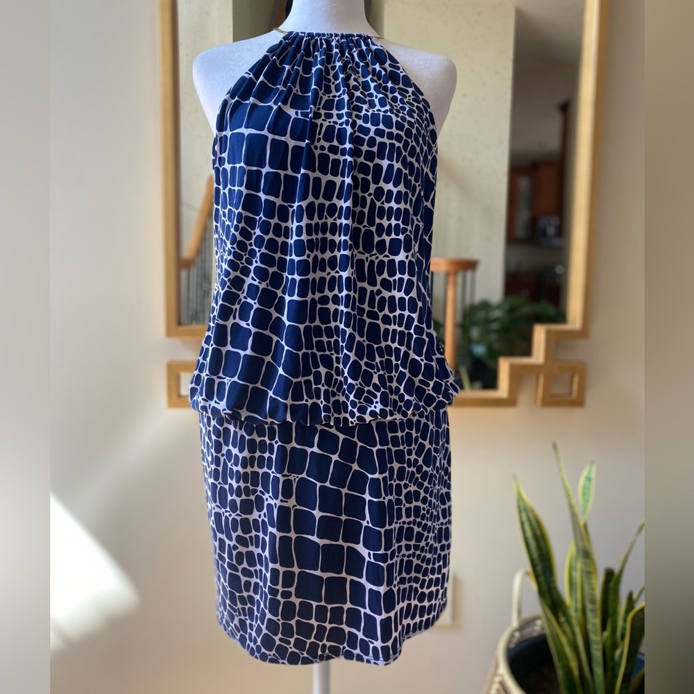 Cache navy white halter mini dress with metal choker